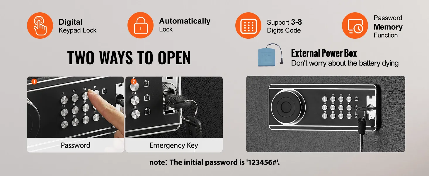 digital keypad and emergency key for VEVOR rifle safe, featuring automatic lock and password memory.