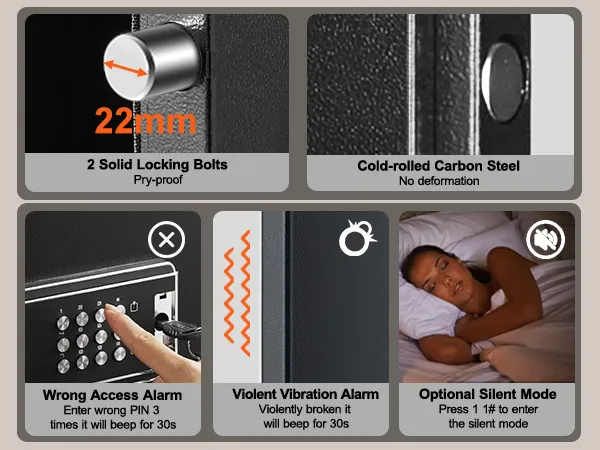 VEVOR rifle safe features solid locking bolts, carbon steel, alarms for wrong access and violent vibration.