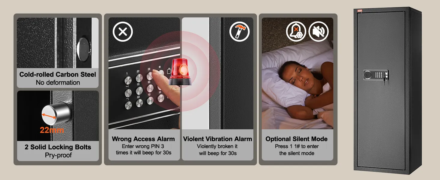 VEVOR rifle safe features solid locking bolts, carbon steel, alarms for wrong access and violent vibration.