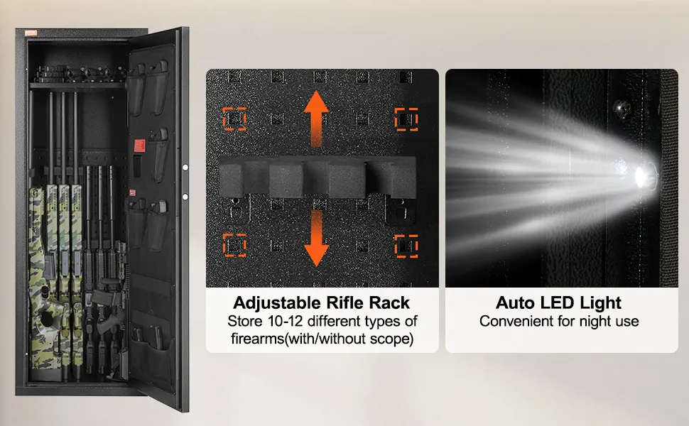 VEVOR rifle safe with adjustable rifle rack, storing 10-12 firearms, and auto led light for night use.