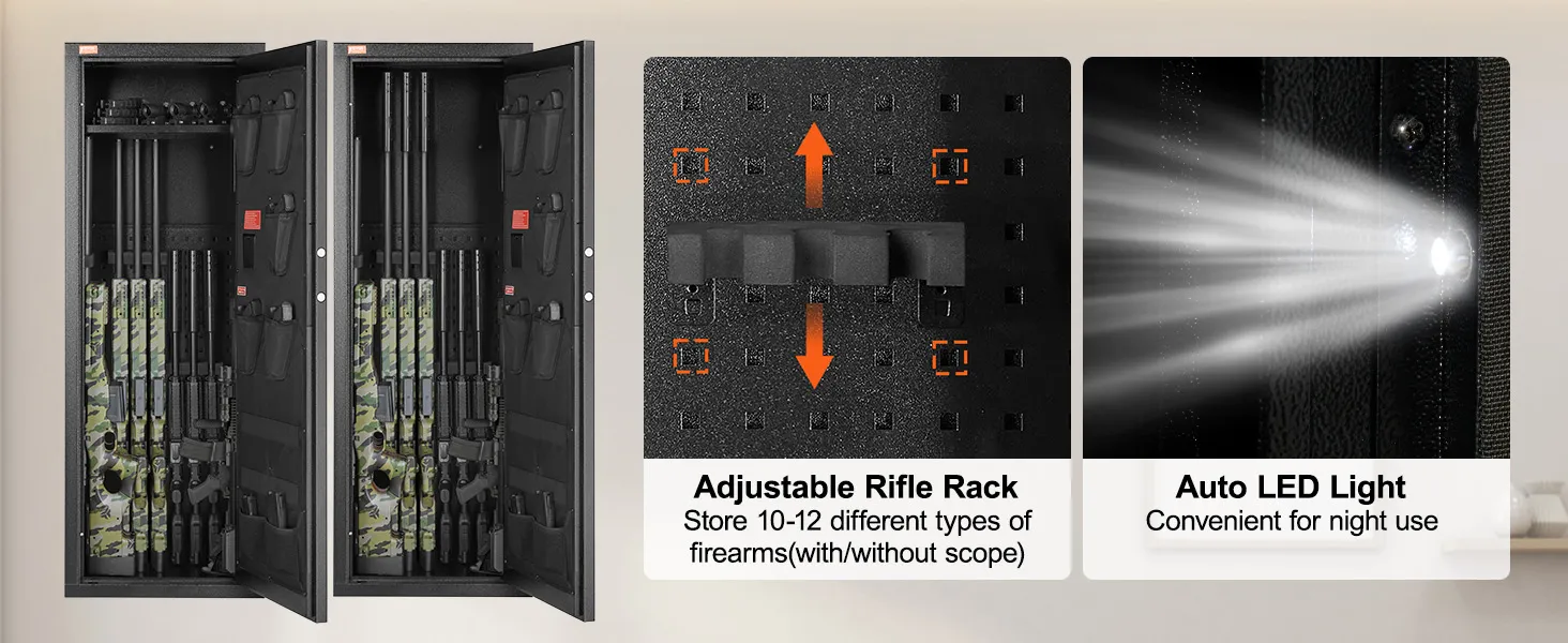 VEVOR rifle safe with adjustable rifle rack, storing 10-12 firearms, and auto led light for night use.