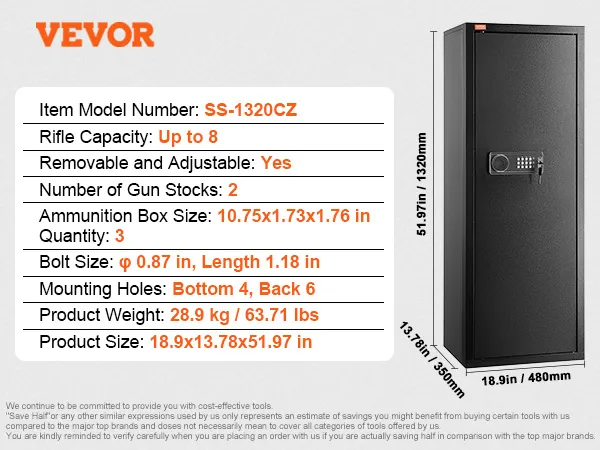 VEVOR gun safe with dimensions, rifle capacity up to 8, and adjustable features.