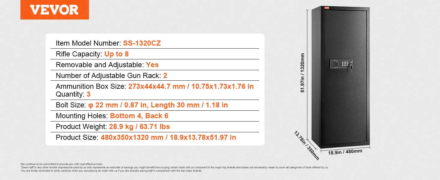 VEVOR gun safe with dimensions, rifle capacity up to 8, and adjustable features.