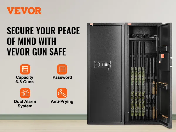 VEVOR gun safe with password lock, dual alarm system, anti-prying features, and capacity for 6-8 guns.