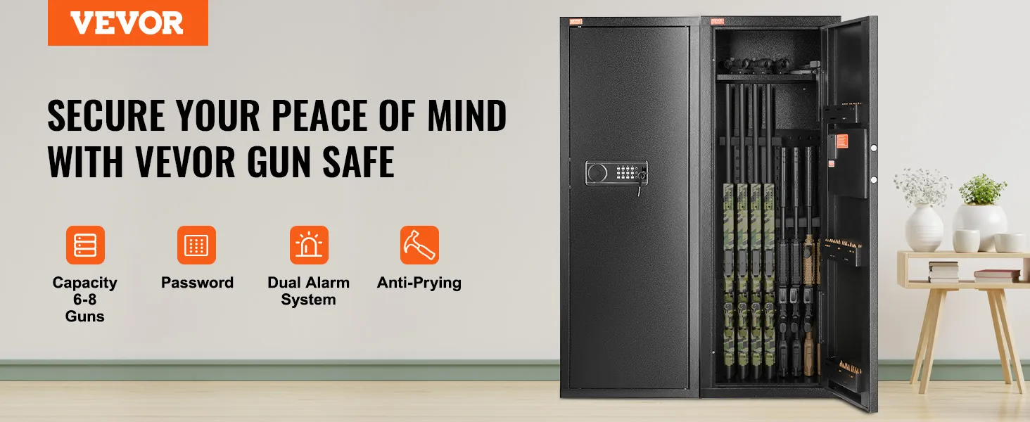 VEVOR gun safe with password lock, dual alarm system, anti-prying features, and capacity for 6-8 guns.