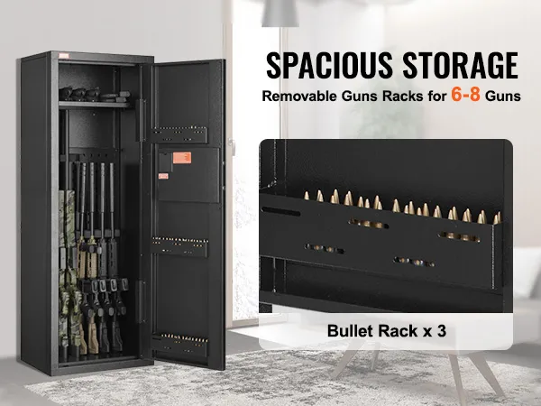 VEVOR gun safe with spacious storage, removable gun racks for 6-8 guns, and bullet rack x3.