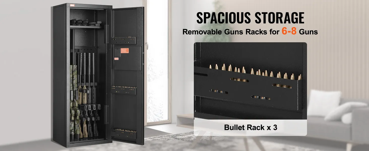 VEVOR gun safe with spacious storage, removable gun racks for 6-8 guns, and bullet rack x3.