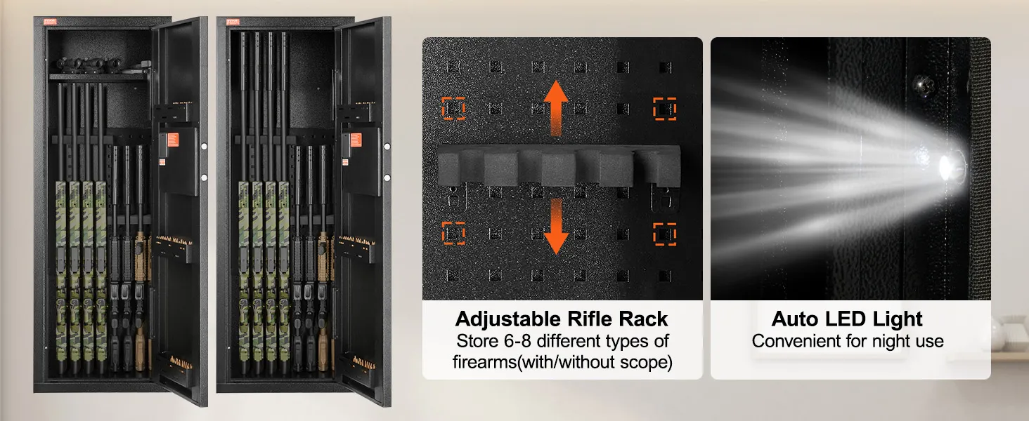 VEVOR gun safe with adjustable rifle rack and auto led light for convenient firearm storage.