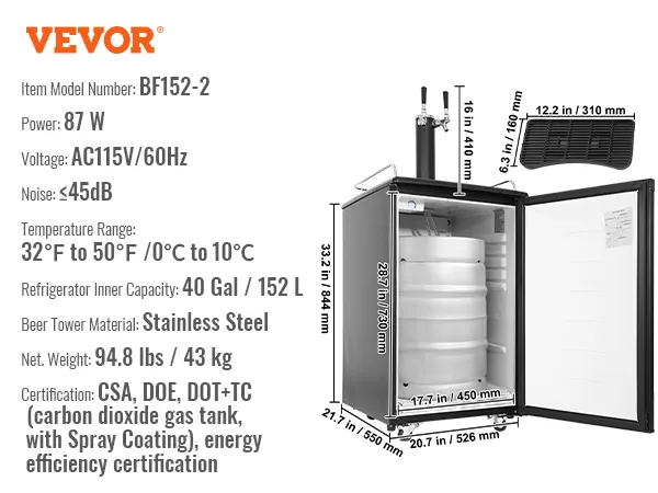 Especificaciones del kegerator de cerveza VEVOR con puerta abierta, accesorios y dimensiones en milímetros y pulgadas.