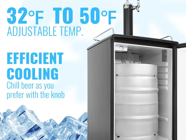 Kegerator de cerveza VEVOR con temperatura ajustable de 32 °F a 50 °F, con perilla de enfriamiento eficiente.