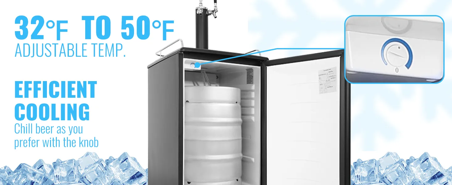 Kegerator de cerveza VEVOR con temperatura ajustable de 32 °F a 50 °F, con perilla de enfriamiento eficiente.