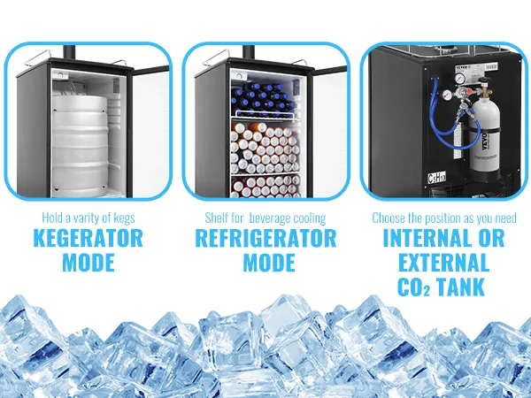 Kegerator de cerveza VEVOR con almacenamiento de barriles, estante de enfriamiento de bebidas y opción de tanque de CO2 interno/externo.