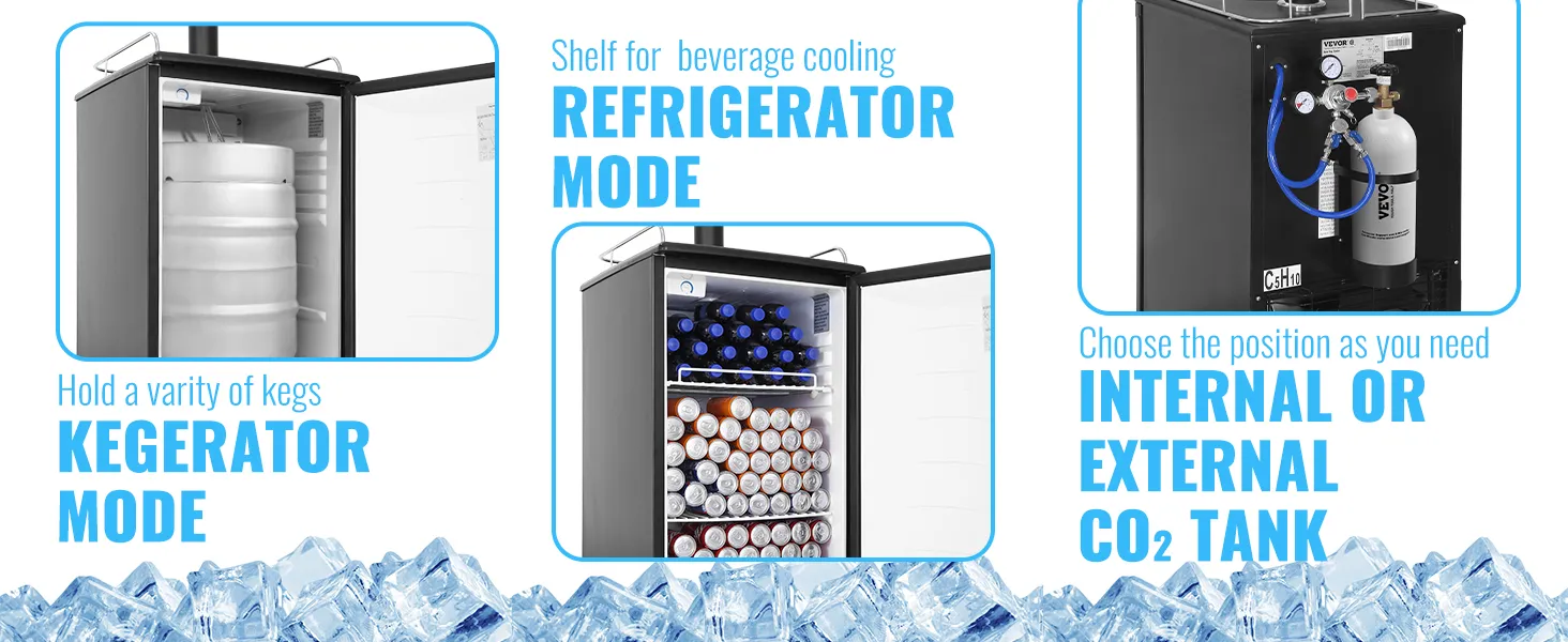 Kegerator de cerveza VEVOR con almacenamiento de barriles, estante de enfriamiento de bebidas y opción de tanque de CO2 interno/externo.