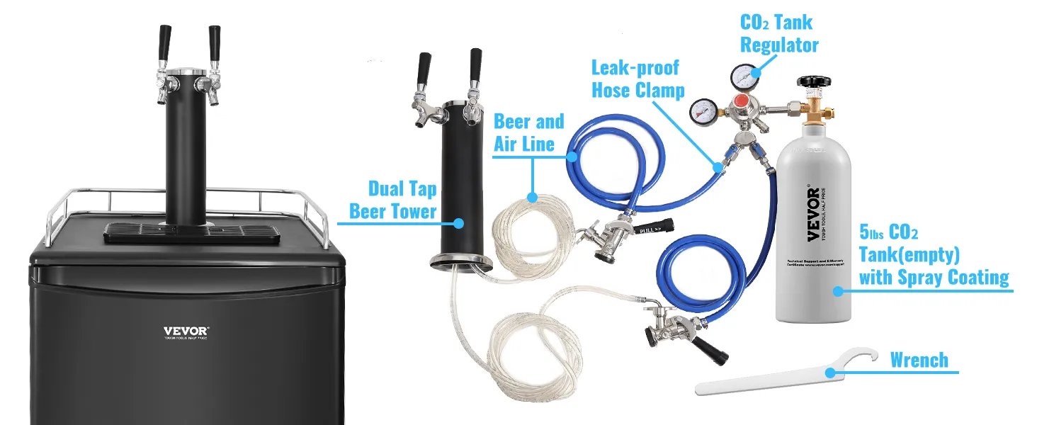 Barril de cerveza VEVOR con torre de cerveza de doble grifo, regulador de tanque de CO2, línea de cerveza y aire y llave.