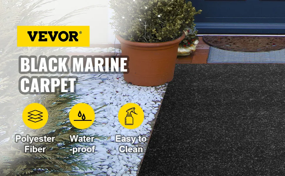 VEVOR boat carpet, black marine, beside a potted plant on white stones. polyester, waterproof.