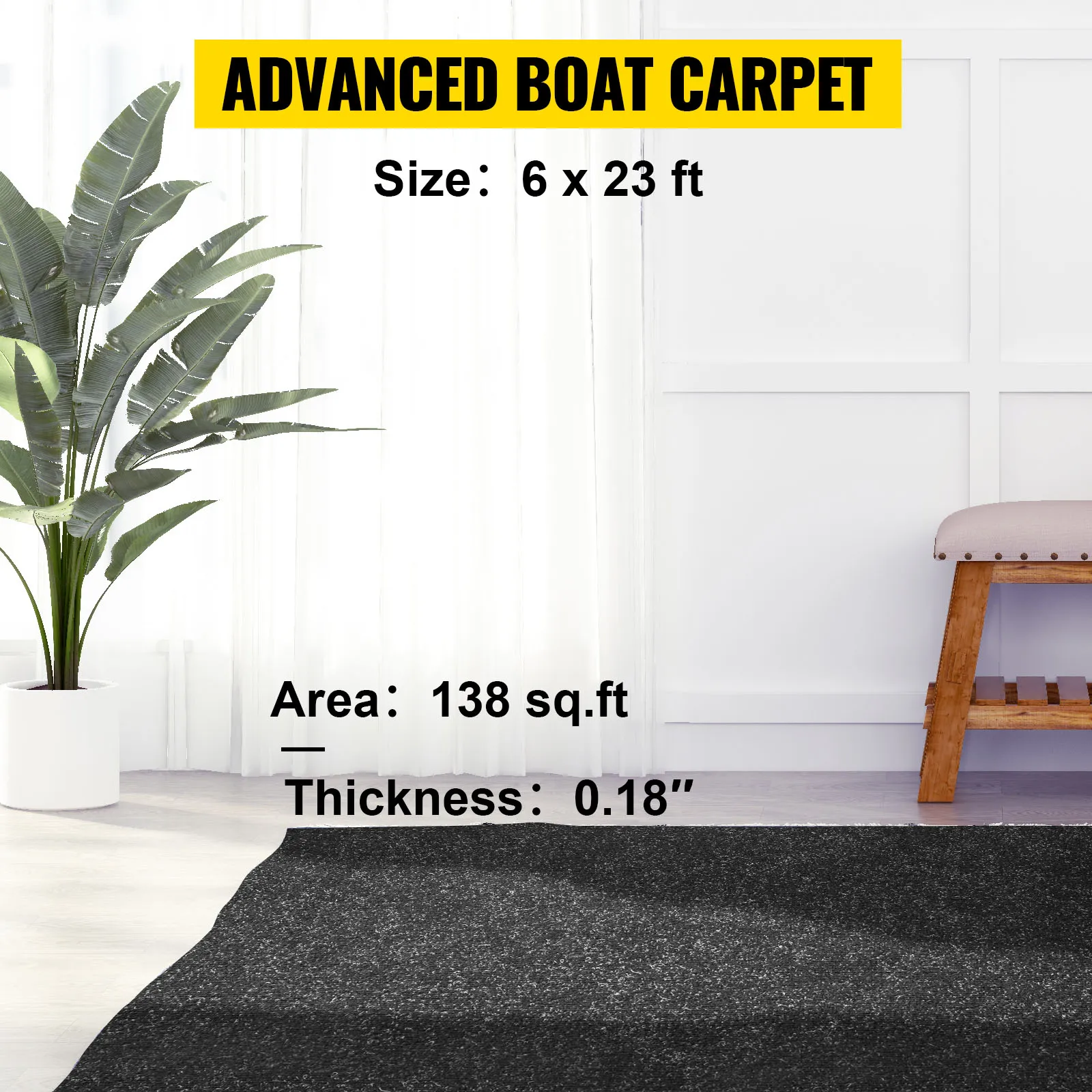 VEVOR boat carpet, 6x23 ft, 138 sq.ft, 0.18" thick, next to plant and bench indoors.