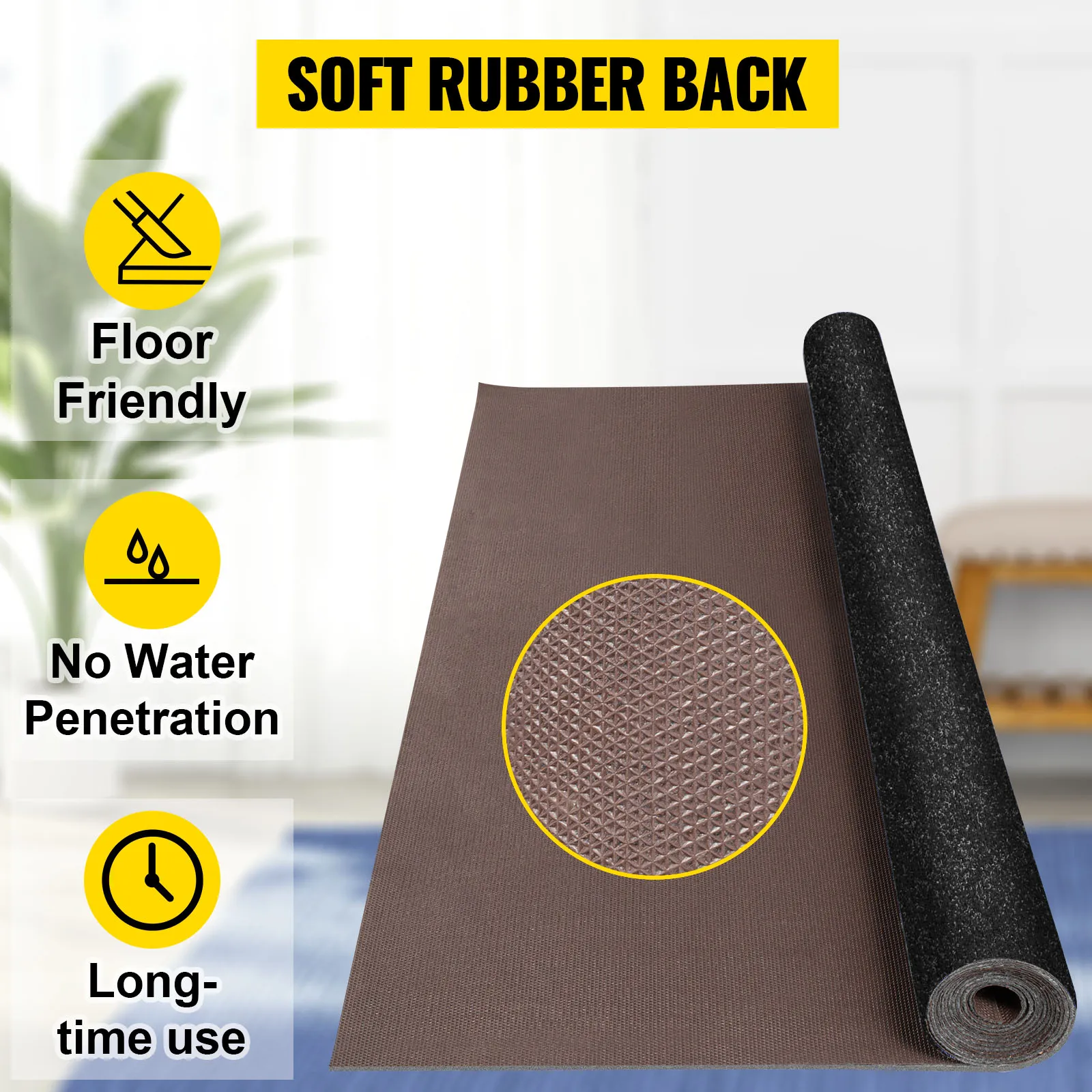 VEVOR boat carpet with soft rubber back; floor friendly, no water penetration, long-time use.