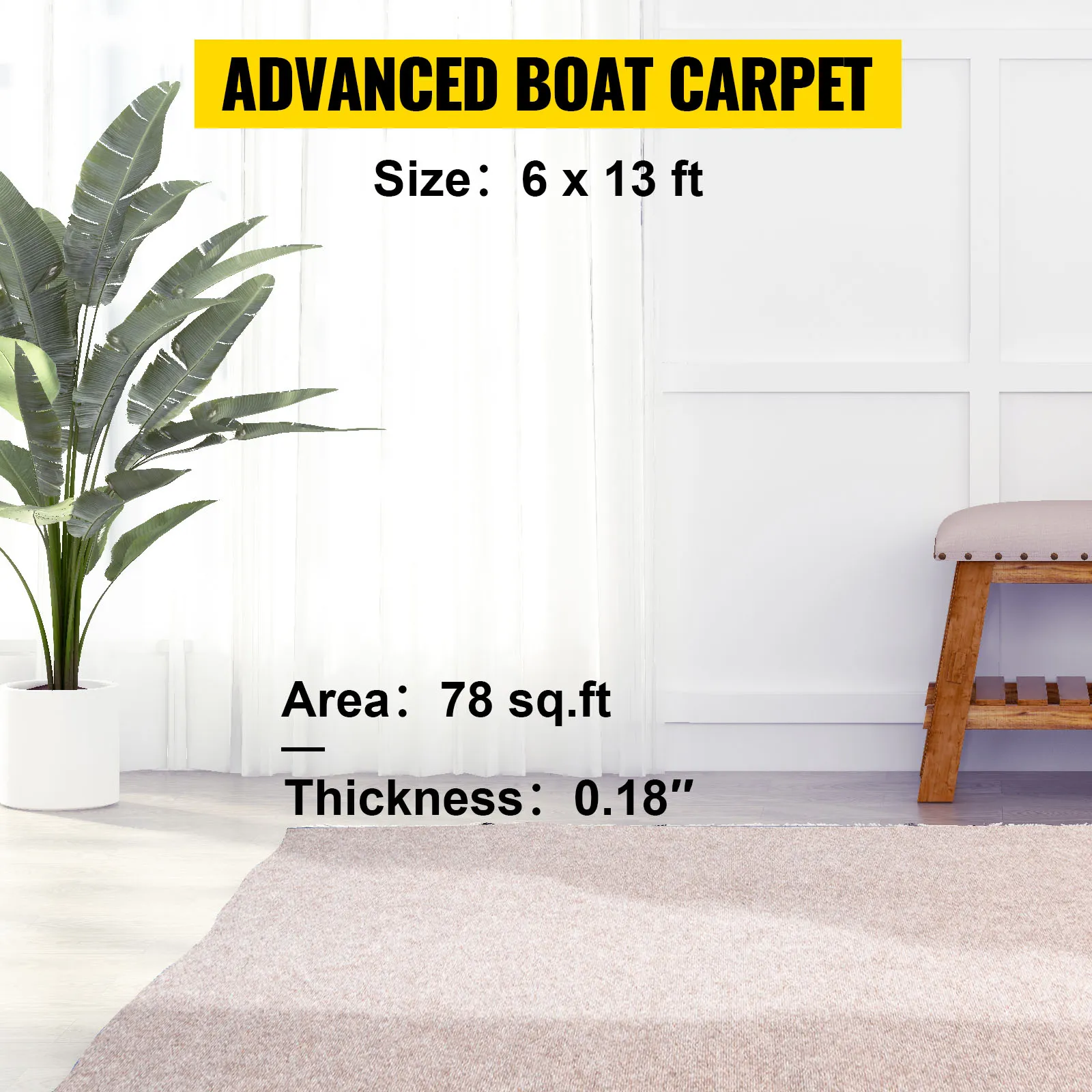 VEVOR marine carpet in a modern room setting, size 6x13 ft, thickness 0.18 inches.