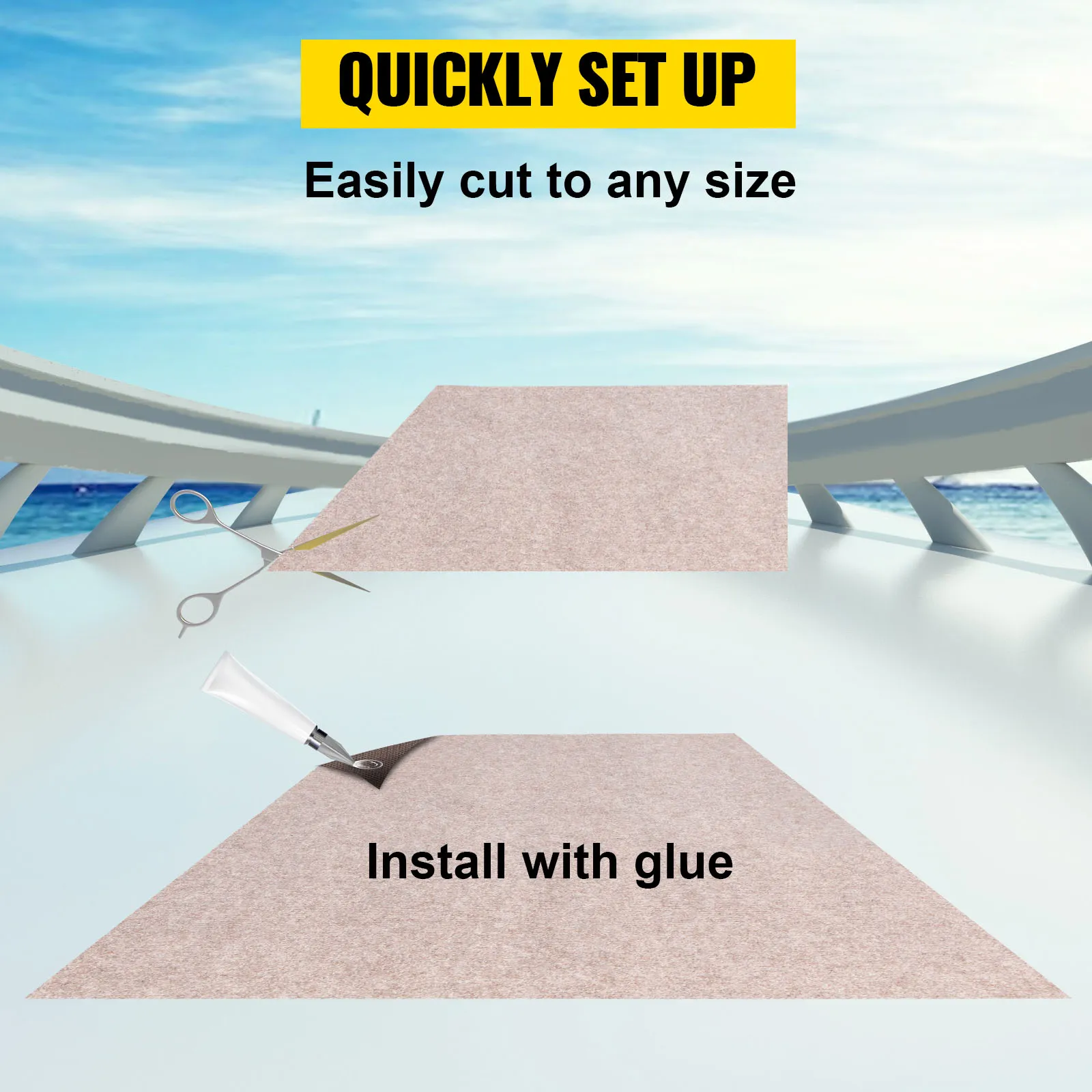 quickly set up VEVOR marine carpet, easily cut to any size, install with glue.