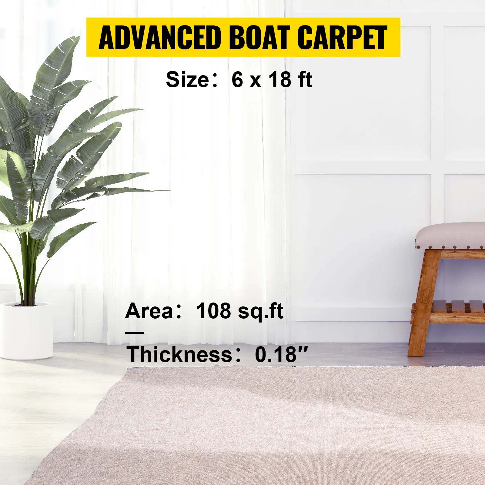 VEVOR boat carpet in living room, size 6x18 ft, area 108 sq.ft, thickness 0.18 in.
