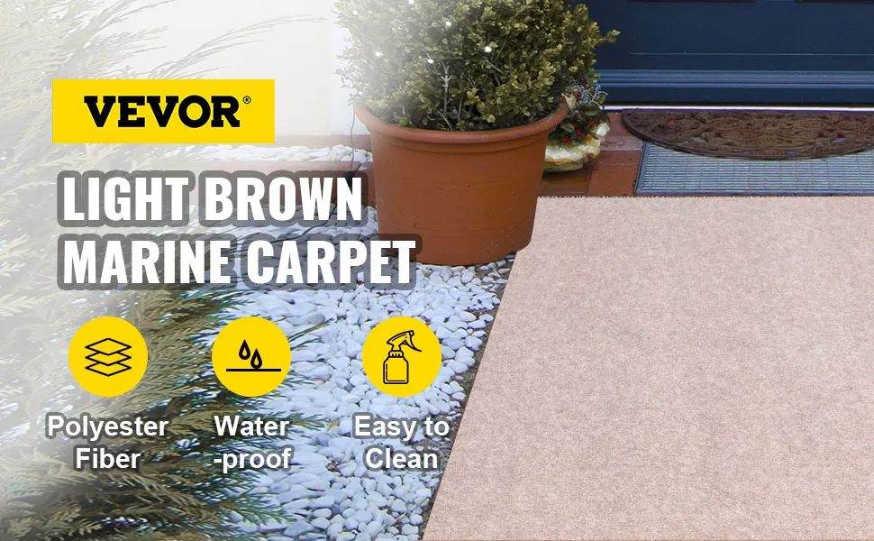 Alfombra para barco VEVOR, alfombra marina marrón claro en patio con planta en maceta y texto.