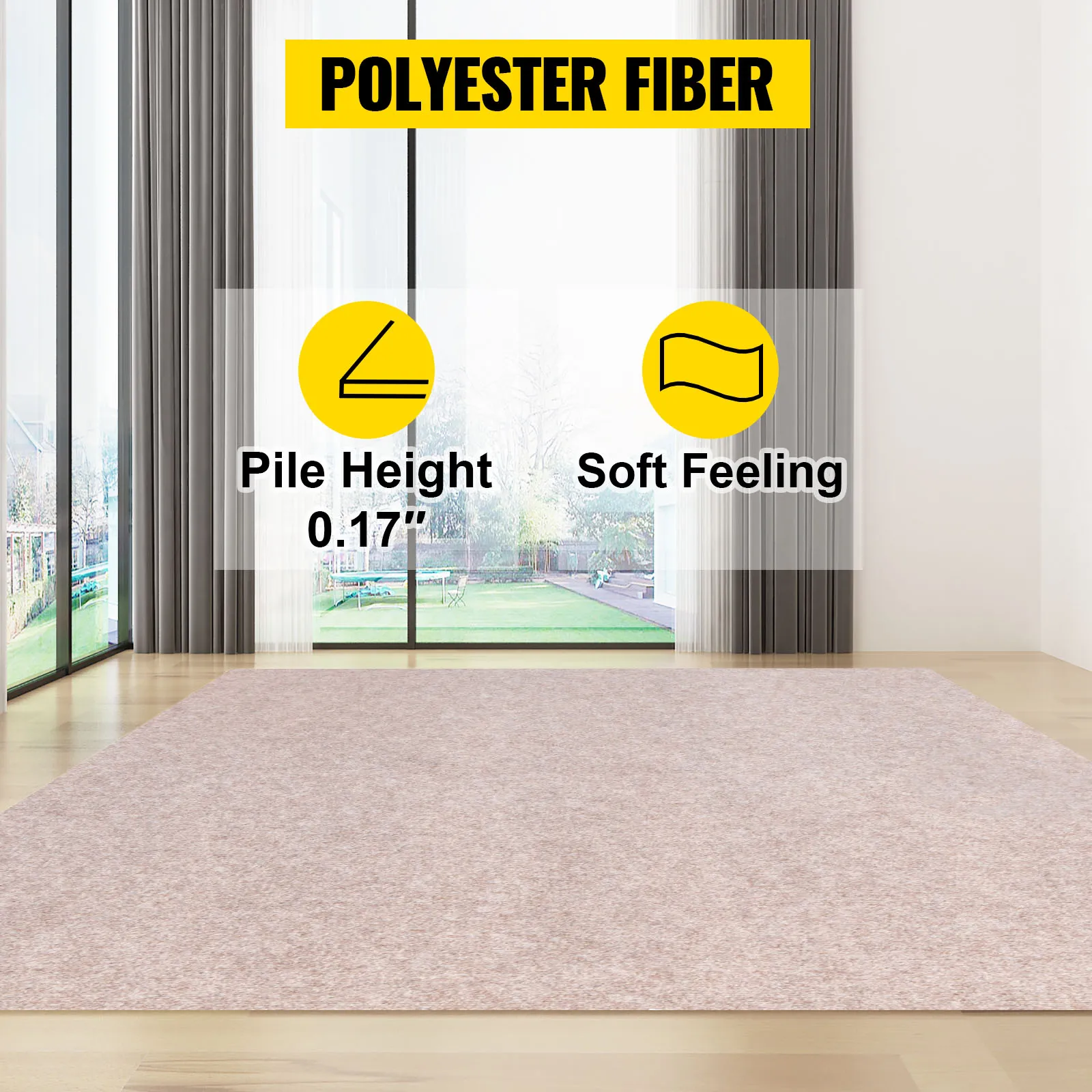 Alfombra de barco VEVOR con altura de pelo de 0,43 cm, fibra de poliéster suave, en una habitación luminosa.