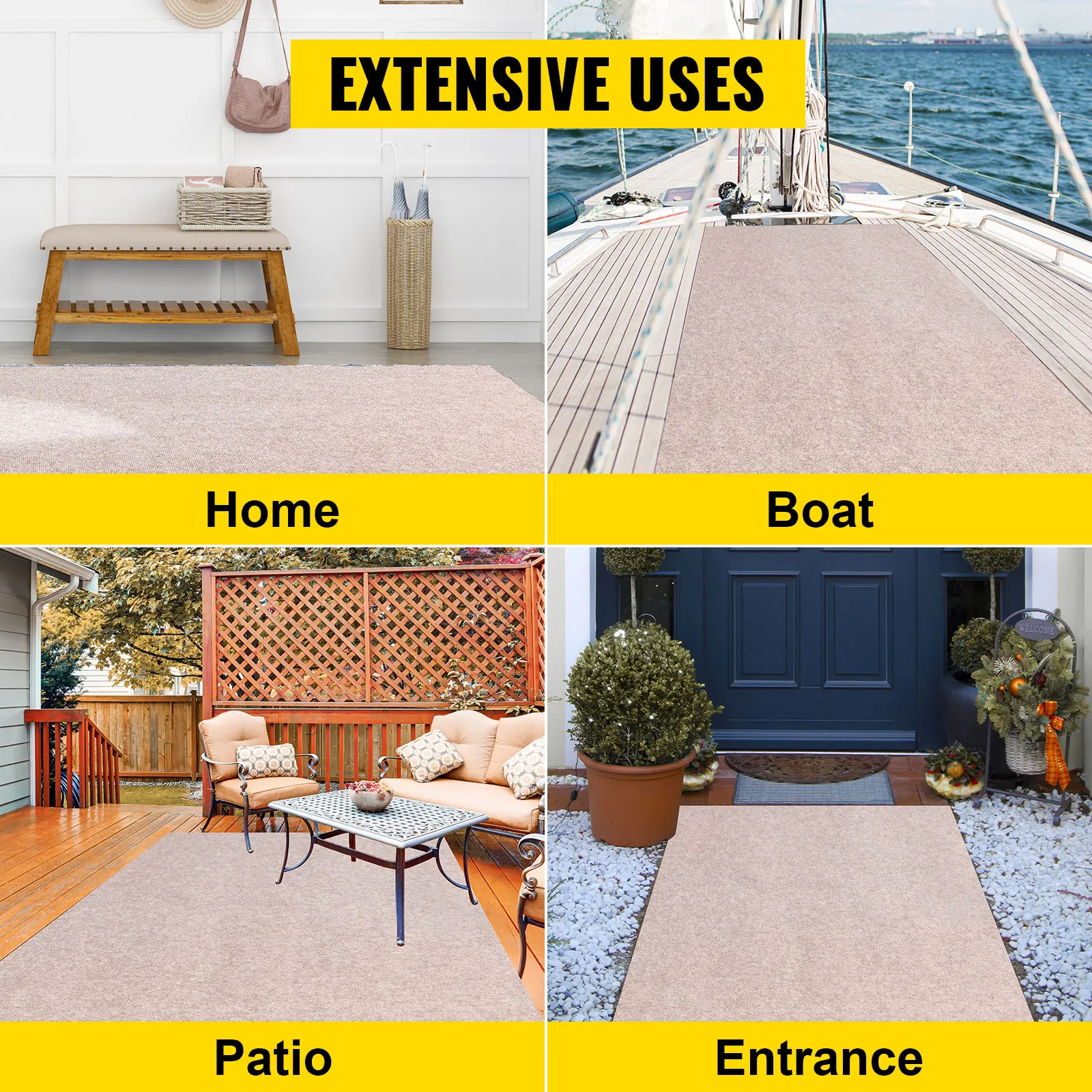 Alfombra de barco VEVOR para uso en el hogar, barco, patio y entrada. Amplias aplicaciones.