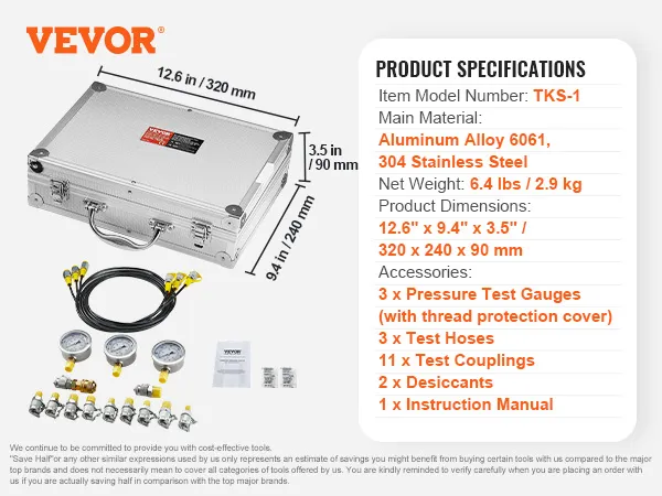 VEVOR hydraulic pressure test kit with gauges, hoses, couplings, and a carrying case.