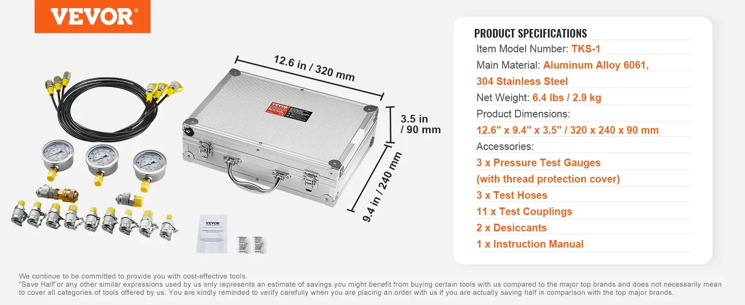 VEVOR hydraulic pressure test kit with gauges, hoses, couplings, and a carrying case.