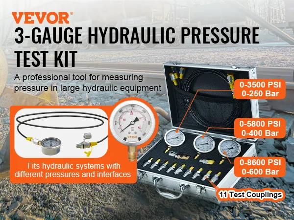 VEVOR hydraulic pressure test kit with 3 gauges, 11 test couplings in a metal case, fitting systems.