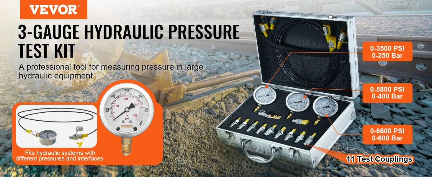 VEVOR hydraulic pressure test kit with 3 gauges, 11 test couplings in a metal case, fitting systems.