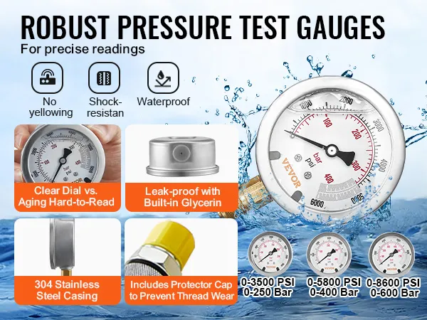 VEVOR hydraulic pressure test kit with clear and shock-resistant dials, stainless steel casing, and waterproof design.