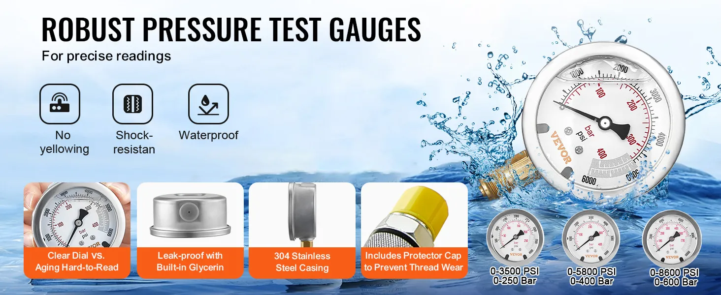 VEVOR hydraulic pressure test kit with clear and shock-resistant dials, stainless steel casing, and waterproof design.