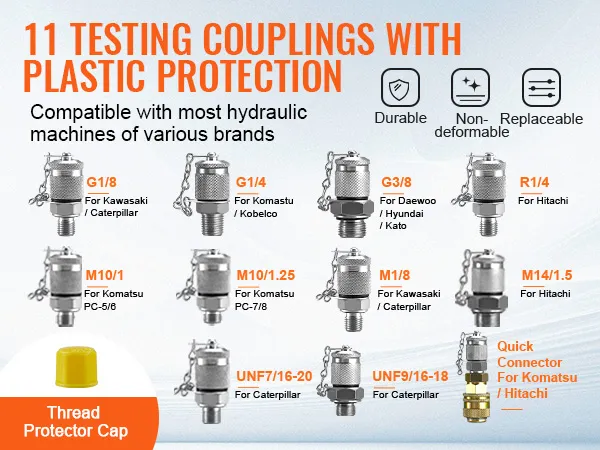 11 testing couplings with plastic protection for various hydraulic machines. VEVOR hydraulic pressure test kit.