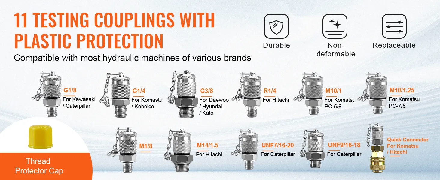 11 testing couplings with plastic protection for various hydraulic machines. VEVOR hydraulic pressure test kit.