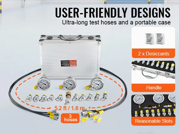 VEVOR hydraulic pressure test kit with 3 hoses, gauges, connectors, portable case, and desiccants.