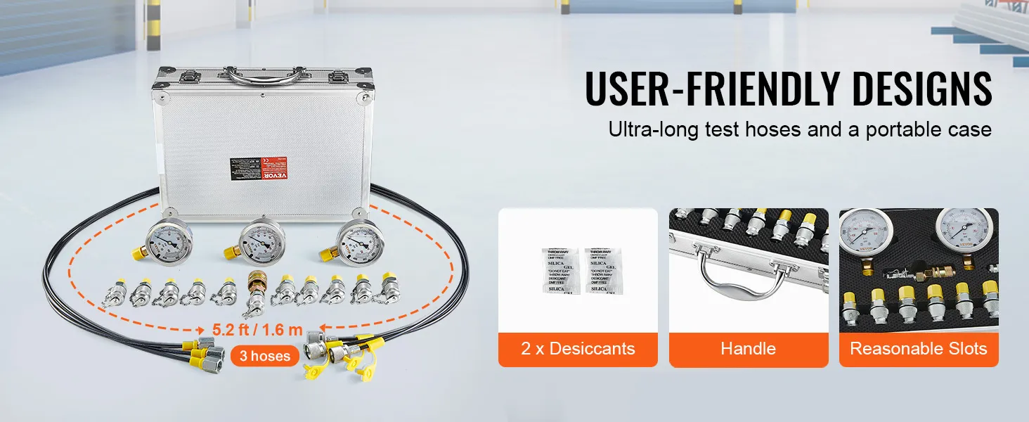 VEVOR hydraulic pressure test kit with 3 hoses, gauges, connectors, portable case, and desiccants.
