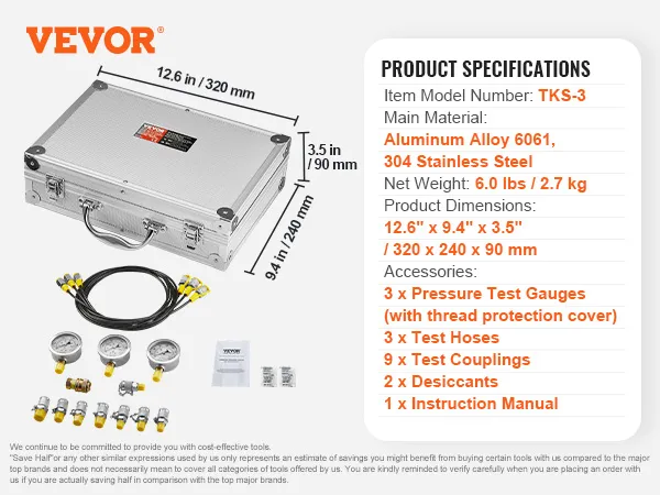 VEVOR hydraulic pressure test kit with hoses, gauges, case, couplings, and instruction manual.