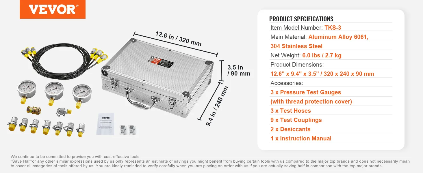 VEVOR hydraulic pressure test kit with hoses, gauges, case, couplings, and instruction manual.