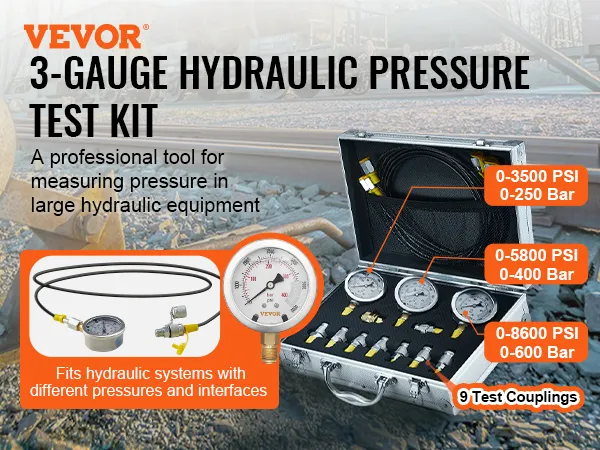 VEVOR hydraulic pressure test kit with 3 gauges, hose, and couplings in a metal case near railway tracks.
