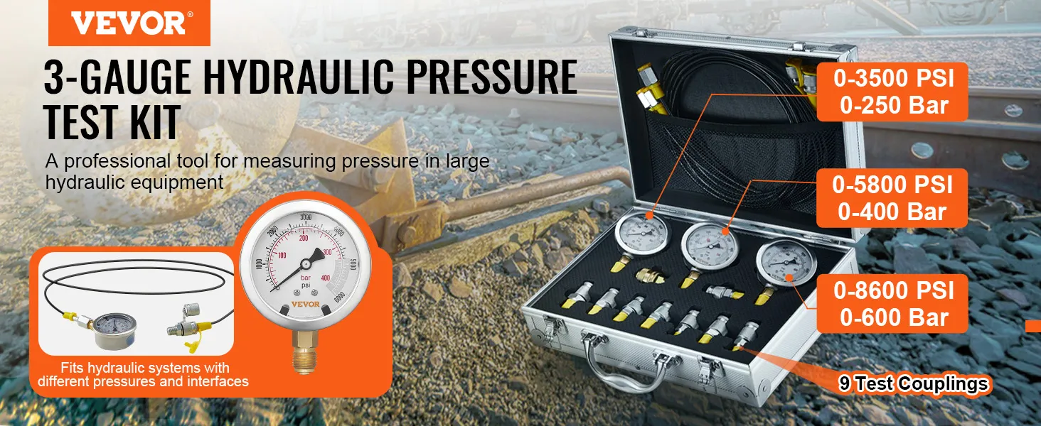 VEVOR hydraulic pressure test kit with 3 gauges, hose, and couplings in a metal case near railway tracks.