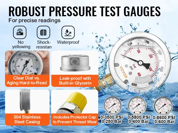 VEVOR hydraulic pressure test kit, shock-resistant, waterproof, stainless steel casing, leak-proof.