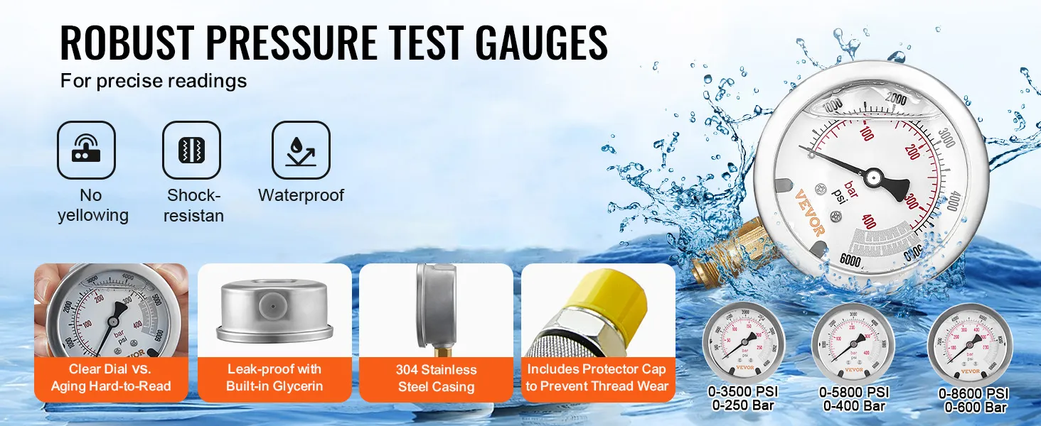 VEVOR hydraulic pressure test kit, shock-resistant, waterproof, stainless steel casing, leak-proof.