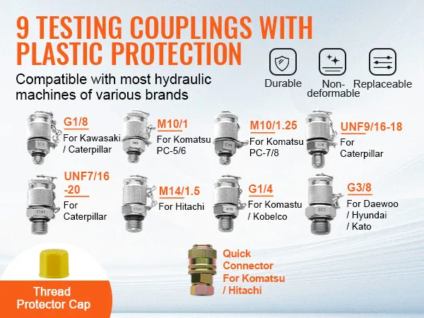 9 testing couplings for various brands with plastic protection, durable, non-deformable, replaceable.