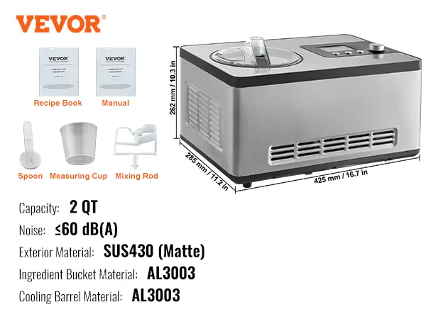 VEVOR automatische ijsmachine met een capaciteit van 2 qt, sus430-exterieur en al3003-materialen.