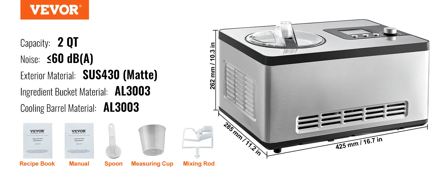 VEVOR automatische ijsmachine met een capaciteit van 2 qt, sus430-exterieur en al3003-materialen.