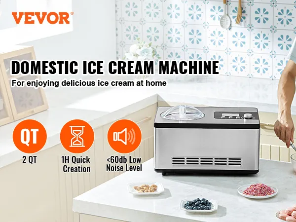 Automatische ijsmachine van VEVOR op het aanrecht, met ingrediënten en een mengkom ernaast.