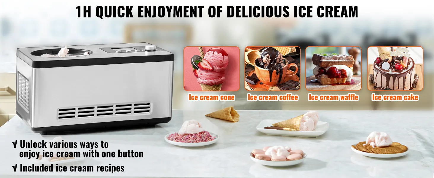 VEVOR automatische ijsmachine, diverse soorten ijs, eenvoudig te gebruiken, inclusief recepten, voorbereidingstijd van 1 uur.