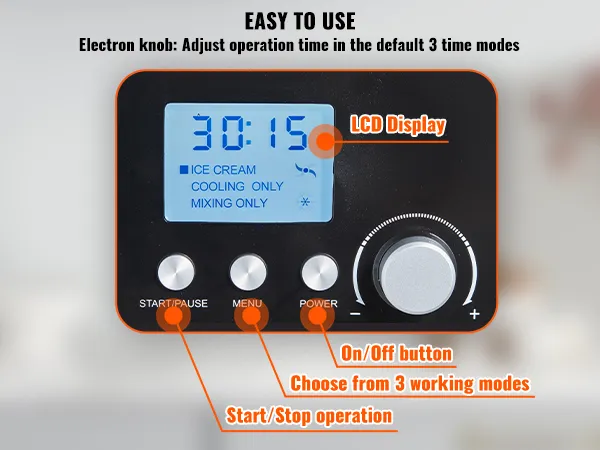 bedieningspaneel van de VEVOR automatische ijsmachine met lcd-scherm en bedieningsknoppen in een keuken.