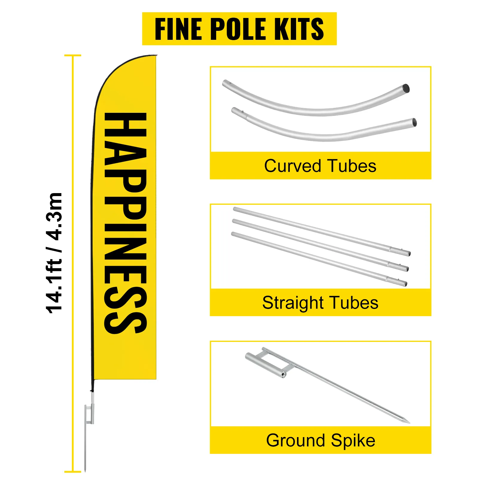 VEVOR advertising flag pole with 14.1ft height, curved tubes, straight tubes, and ground spike.